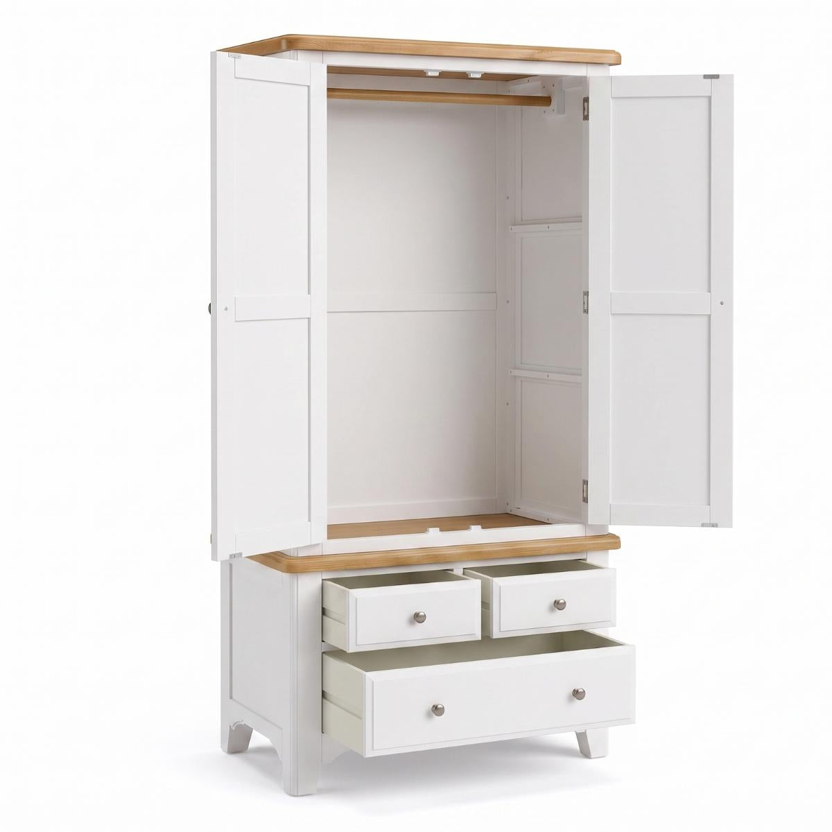 Mimosa white wardrobe with a light natural wood top and matching wood interior hanging rod, shown on a clean white background.