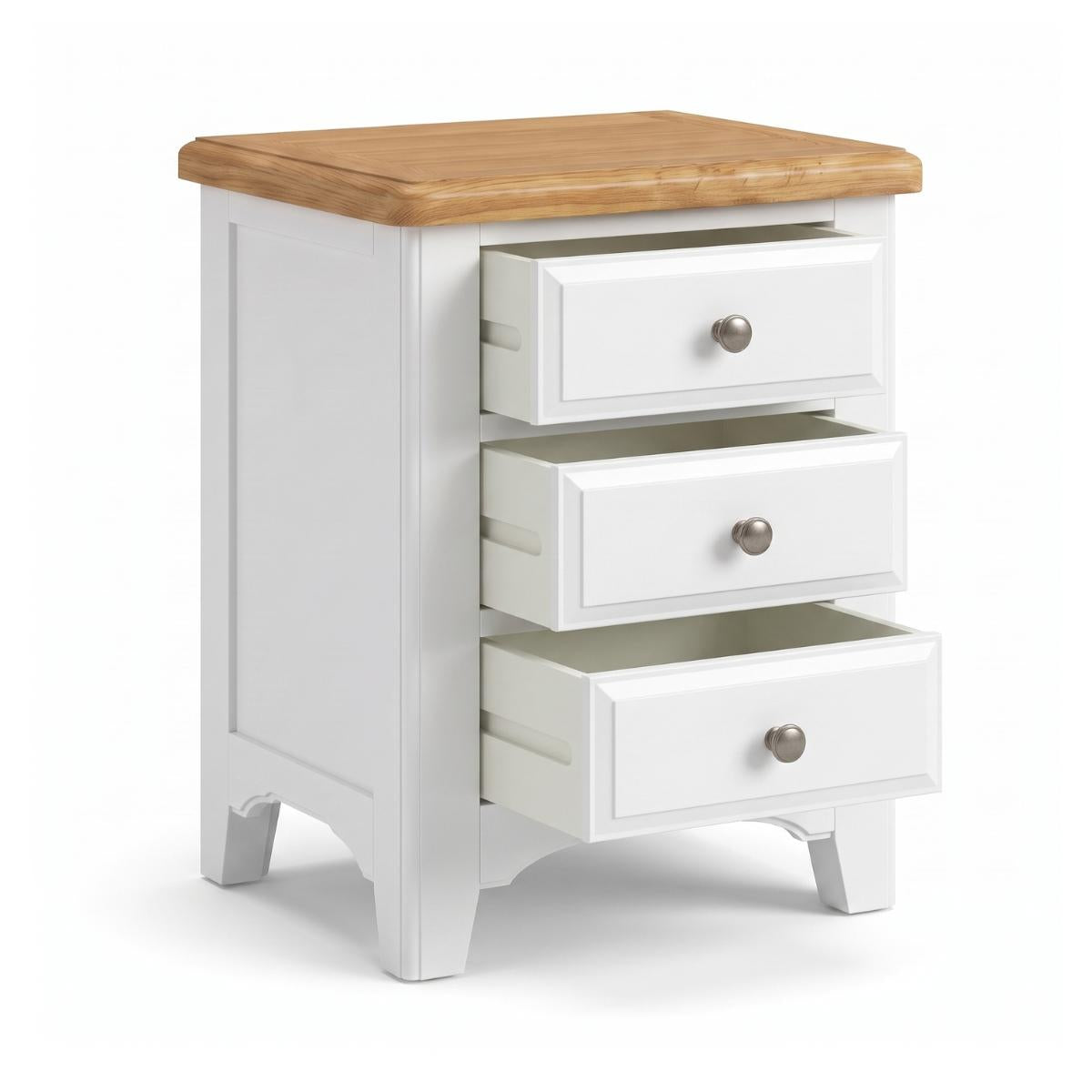 Mimosa three-drawer nightstand with a white painted body, a natural wood top, and three silver round drawer knobs, shown on a white background.