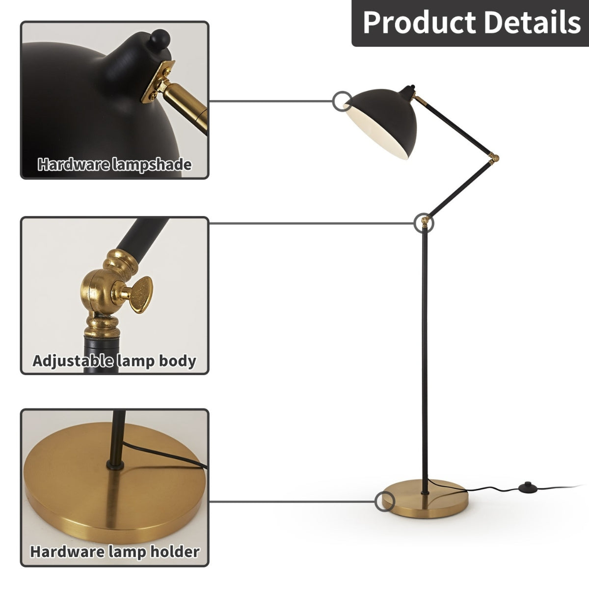 Floor lamp with labeled parts on a white background