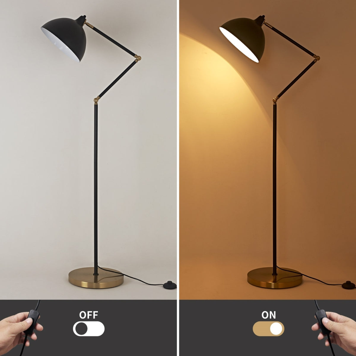 Floor lamp with adjustable head shown in off and on states against a plain background.