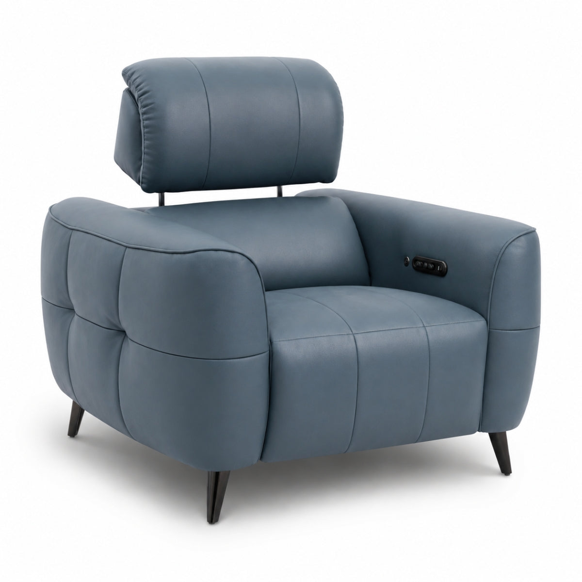 Mosley modern tufted leather armchair in blue with dark tapered legs and a small black control panel on the side, shown on a white background.