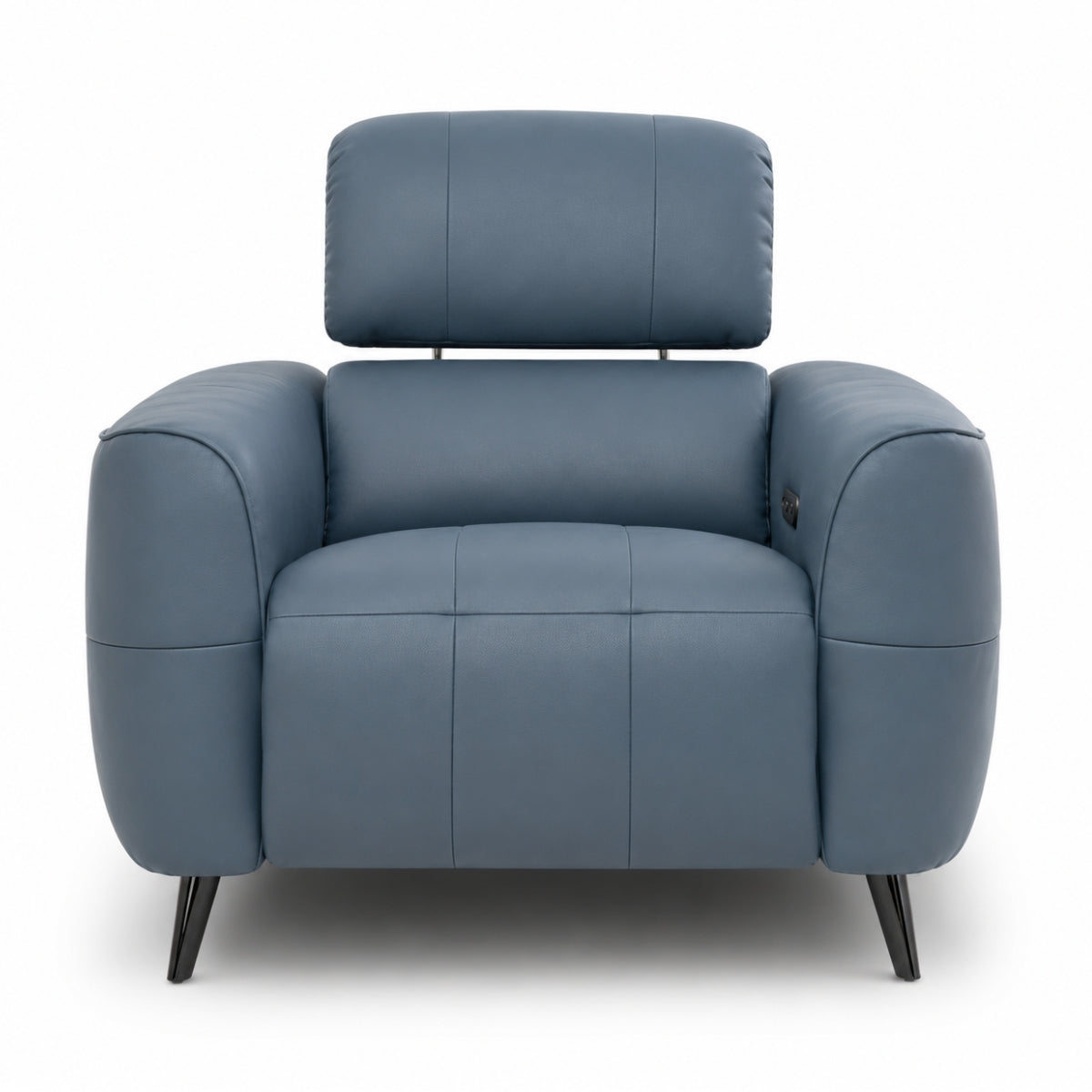 Mosley modern blue leather armchair with a high segmented backrest, padded armrests, and slim black metal legs, shown against a plain white background.
