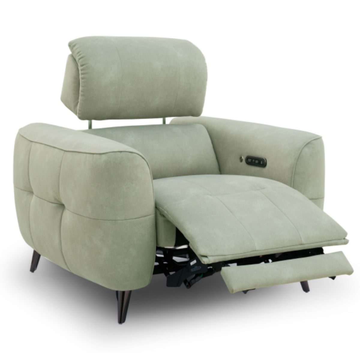 Mosley green fabric amrchair reclined position.
