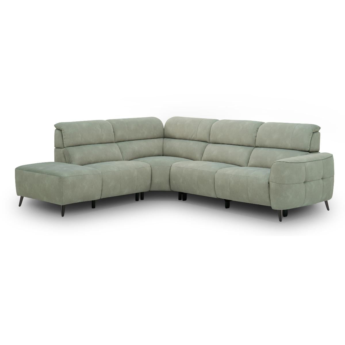 Mosley L-shaped sectional sofa upholstered in a textured green fabric, featuring a chaise lounge on the left side and slim black legs, shown against a plain white background.