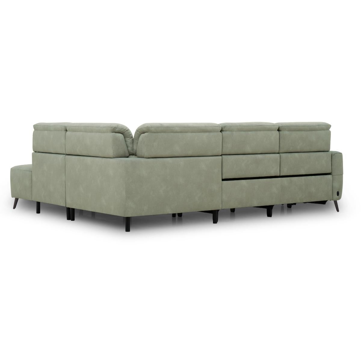 Mosley modern sectional sofa in a green textured fabric. Supported by slim black legs, shown against a plain white background.