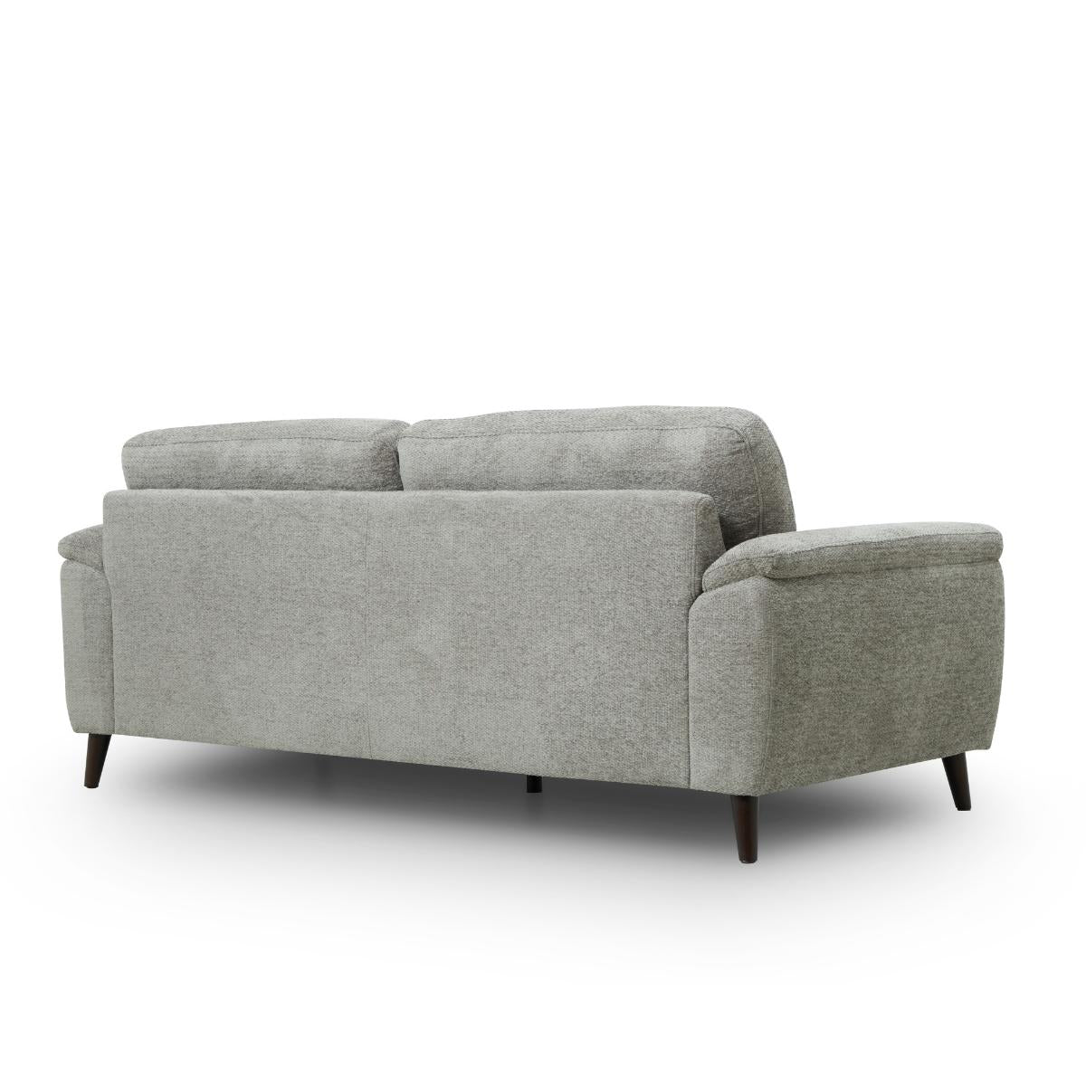 Odell 2.5 seater sofa upholstered in grey textured fabric, featuring dark tapered wooden legs, shown from a three-quarter angle on a white background.