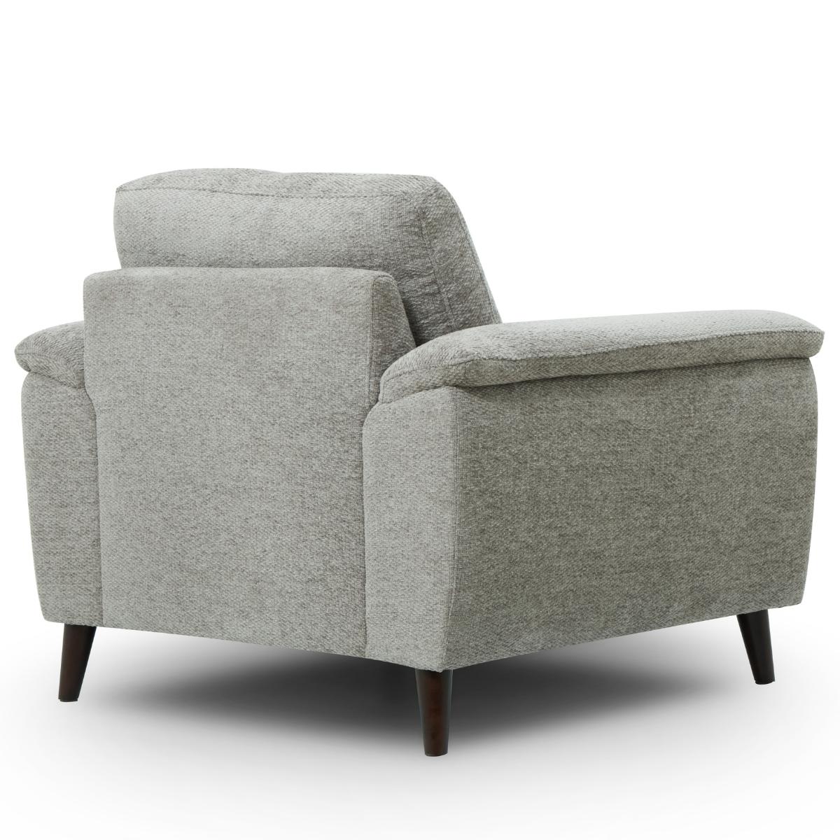 Odell grey textured fabric armchair with dark brown tapered wooden legs, shown from a three-quarter angle against a white background.