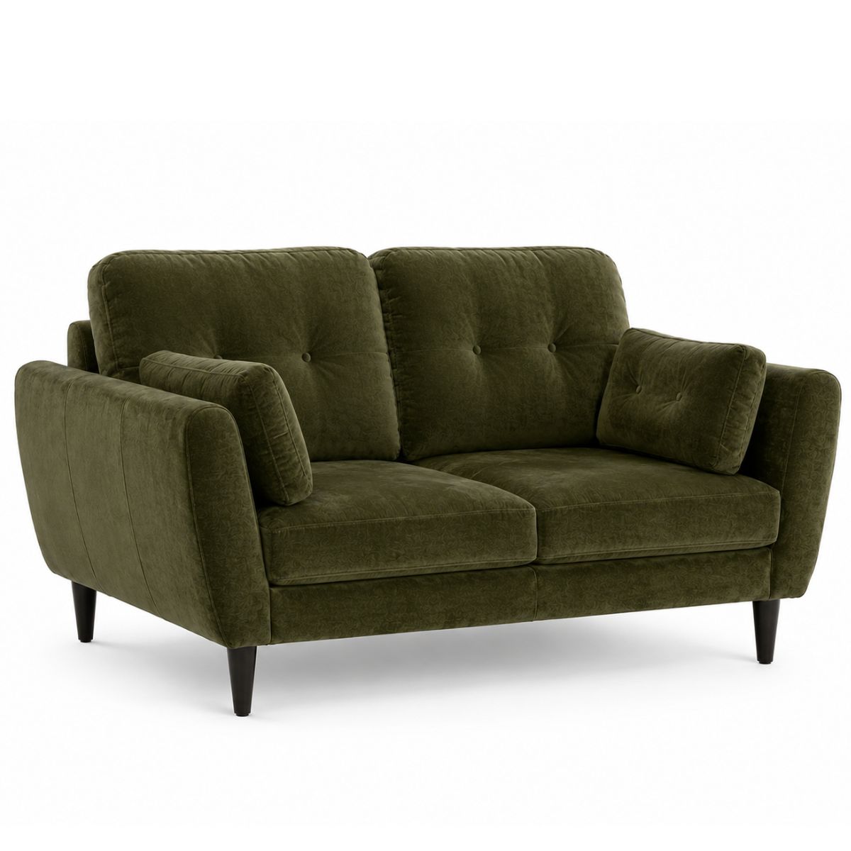 Pegasus green velvet loveseat sofa with tufted back cushions, matching armrest pillows, and dark tapered legs, shown on a plain white background.