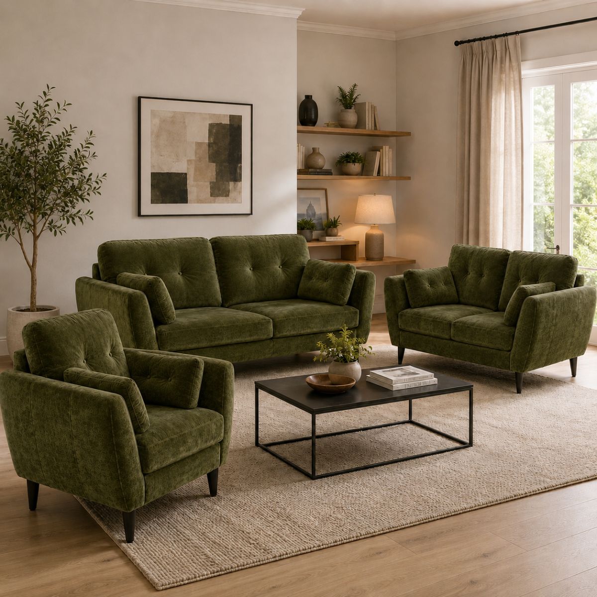 Pegasus three-piece green velvet living room furniture set including 3 seater, 2 seater sofa, armchairs, and a black metal coffee table on a beige rug in a modern styled living room.