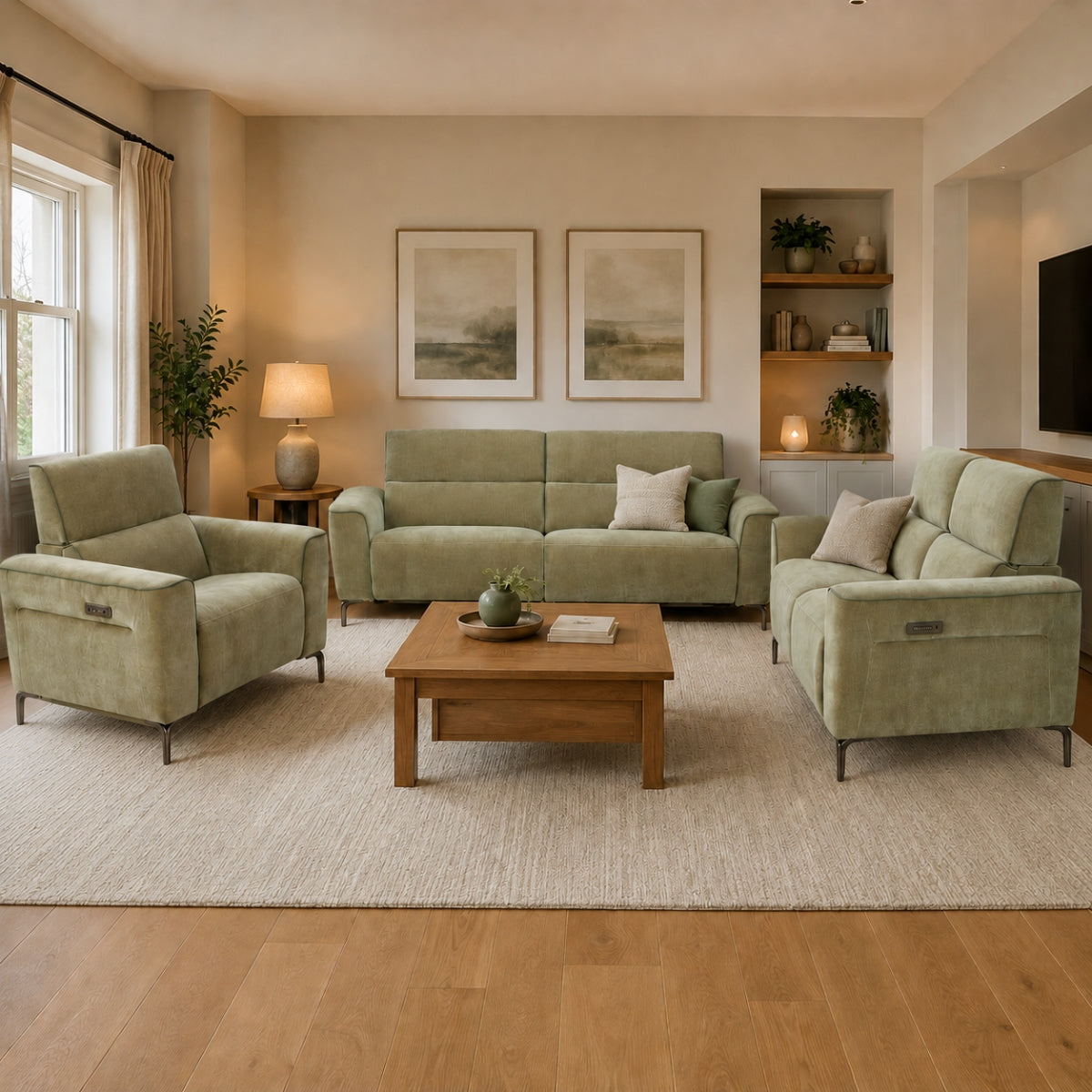 Living room with the Prudence green sofa, armchair, and wooden coffee table.
