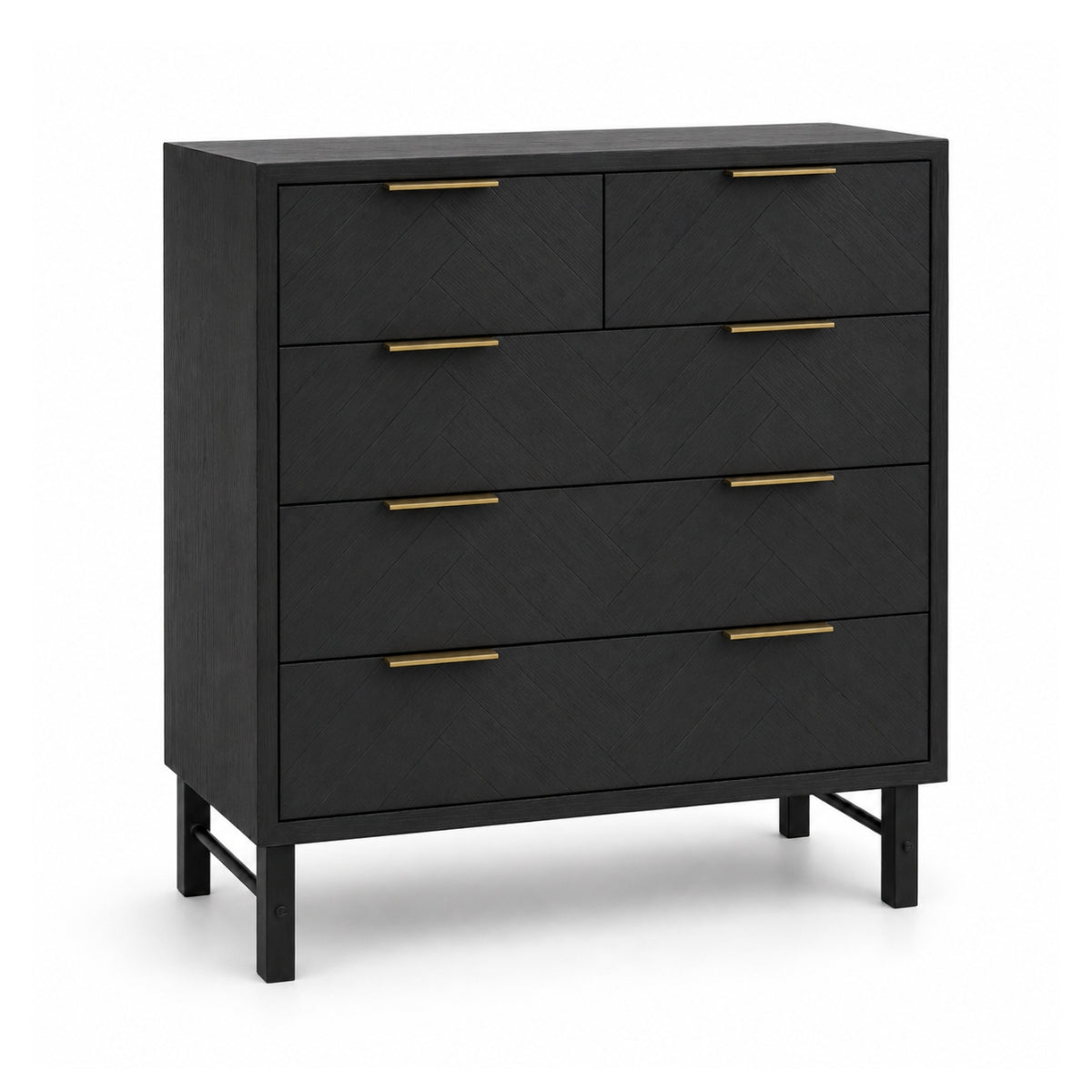Rosalind black five-drawer chest of drawers with slim gold metal handles and angled legs, shown on a clean white background.