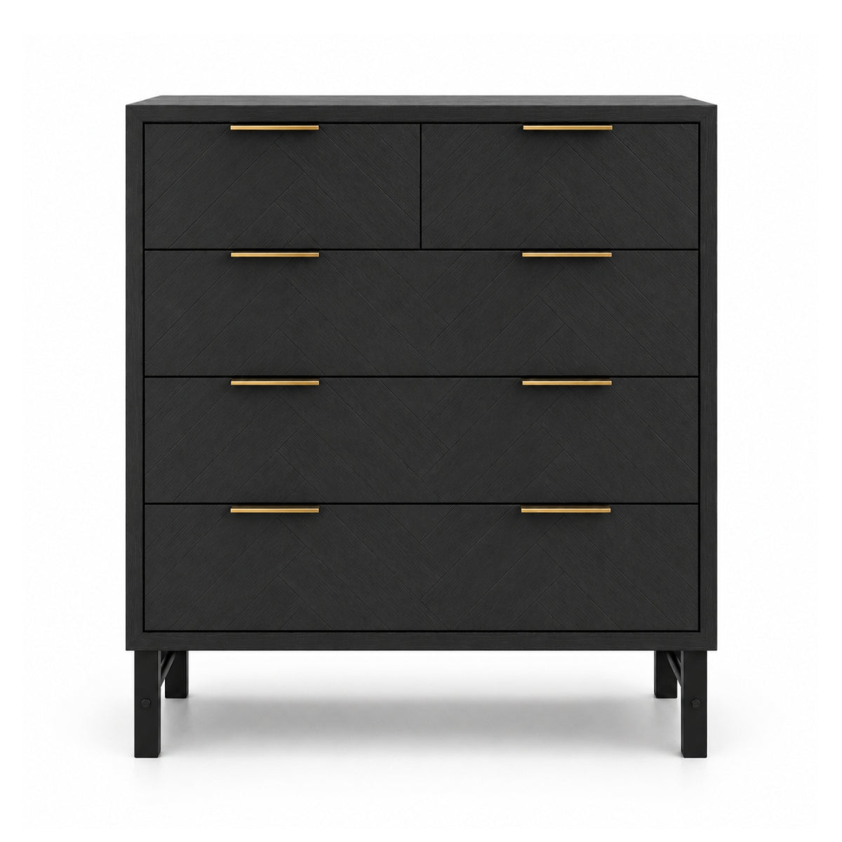 Rosalind black chest of drawers with five drawers, featuring slim gold metal handles and a minimalist black frame with legs, shown against a plain white background.