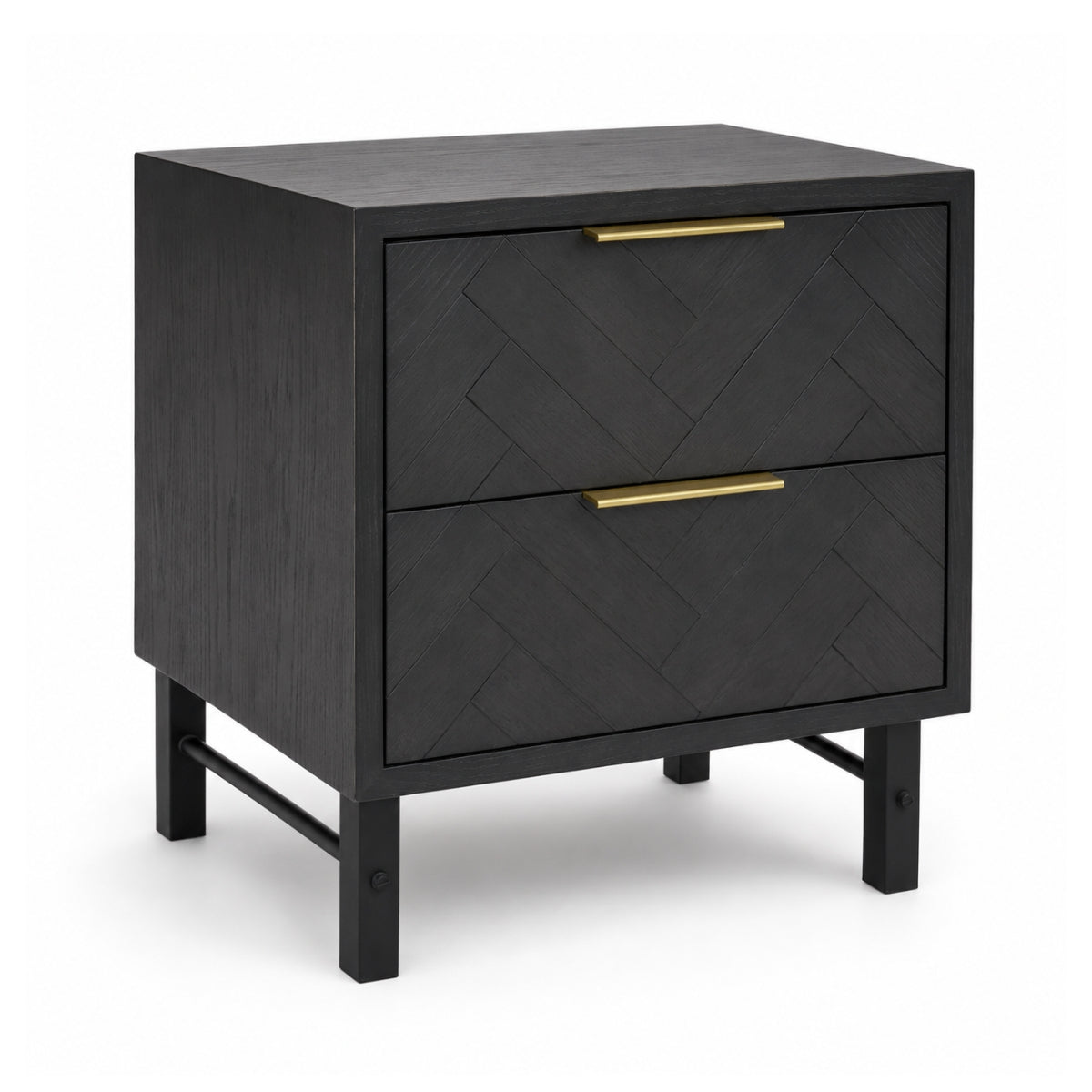 Rosalind two-drawer nightstand in black wood with a textured chevron pattern on the drawer fronts and slim gold metal handles, shown on a white background.