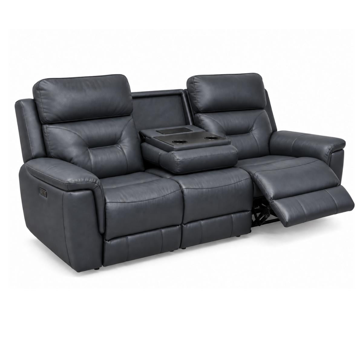Sollene navy faux leather reclining loveseat with two separate reclining seats, a center console table with cup holders, and one seat extended, shown on a white background.