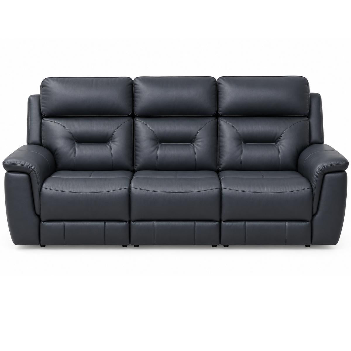 Sollene three-seat power reclining sofa upholstered in naxy faux leather, shown from a front-facing perspective against a plain white background.