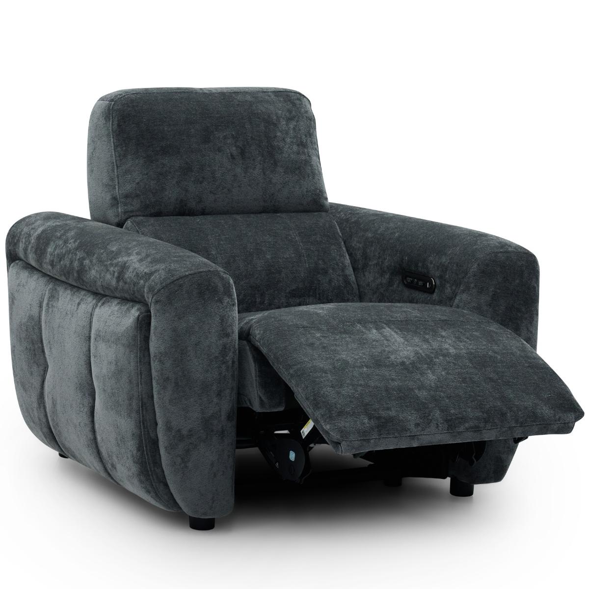 Trinity charcoal plush recliner chair with the footrest extended, shown against a plain white background.
