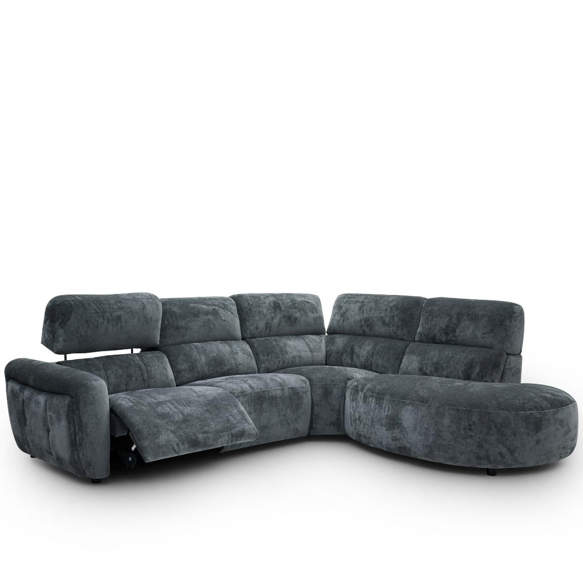 Trinity charcoal plush sectional sofa with a curved chaise lounge on the right side and a reclining seat on the left, shown against a plain white background.