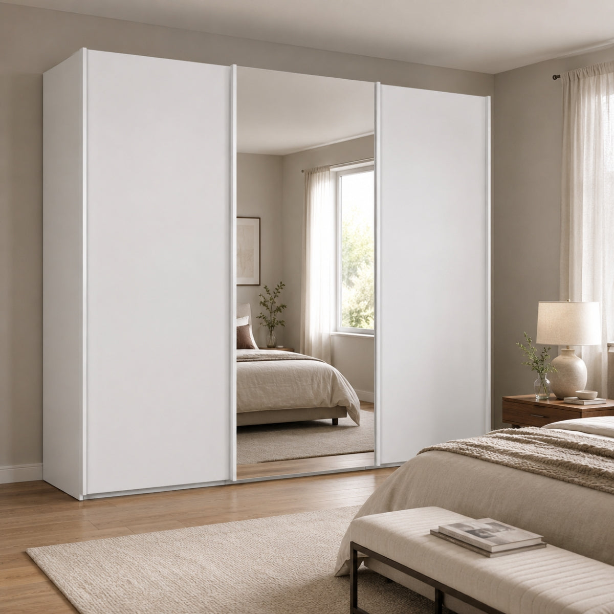 Trixie white wardrobe with mirror doors in a bedroom setting