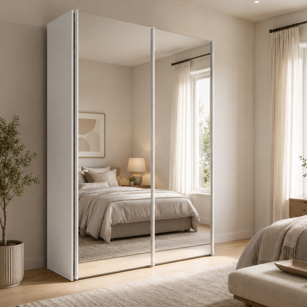 Modern bedroom with the large Trixie mirrored wardrobe and neutral decor.