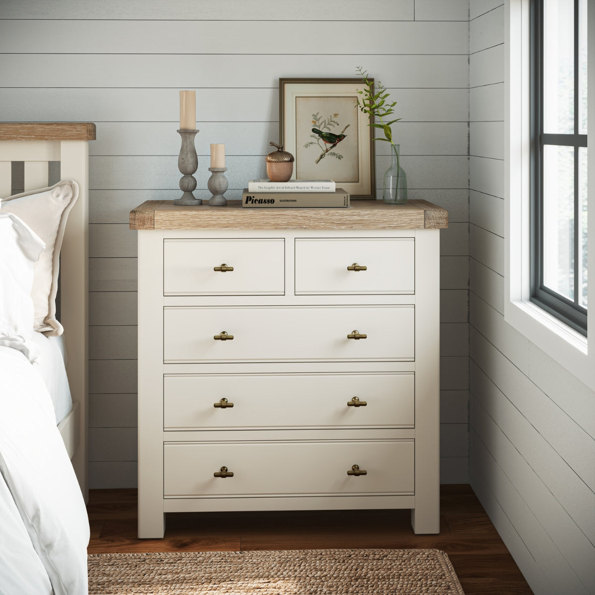 Wilson cream dresser with oak top in a bedroom setting.