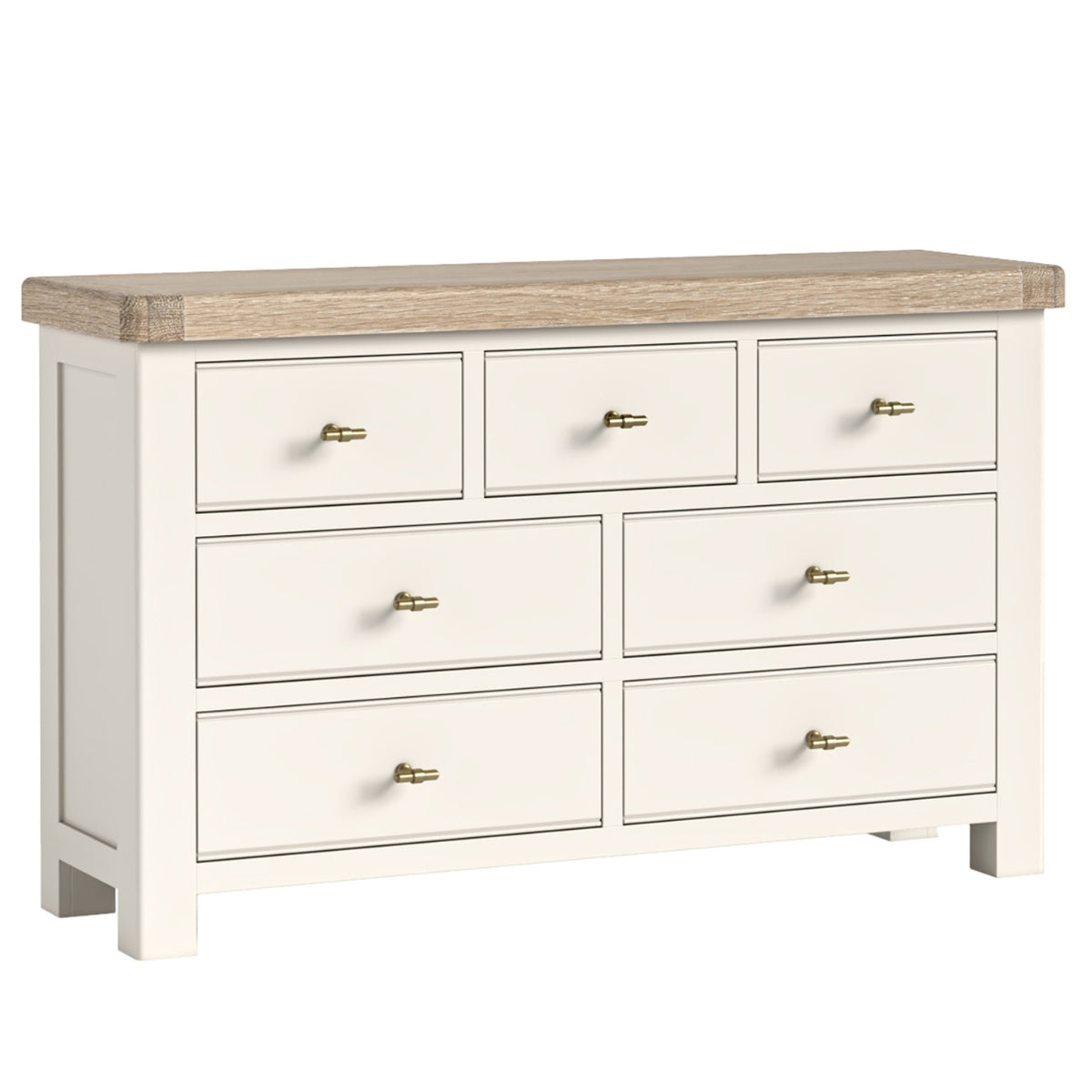 Wilson cream dresser with six drawers and a oak top on a white background.