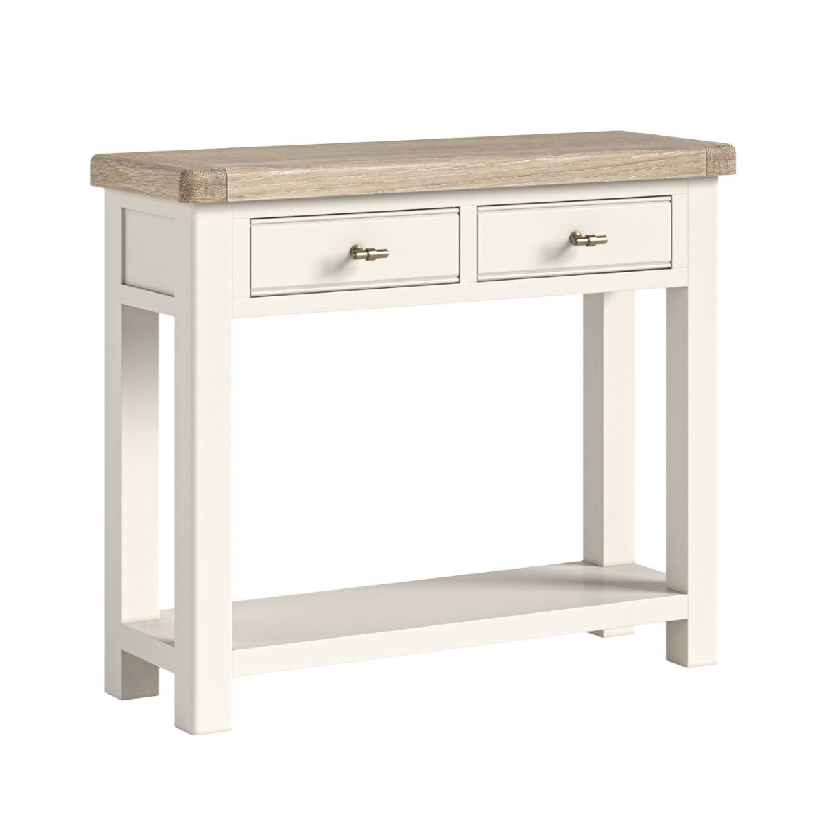 Wilson cream console table with oak top and white base on a white background.