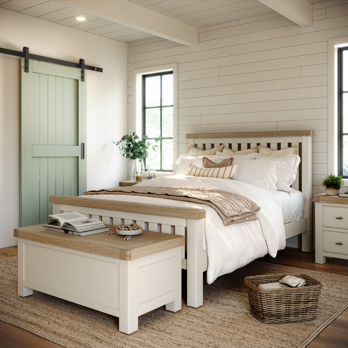 Wilson cream slatted bed frame in lifestyle setting.