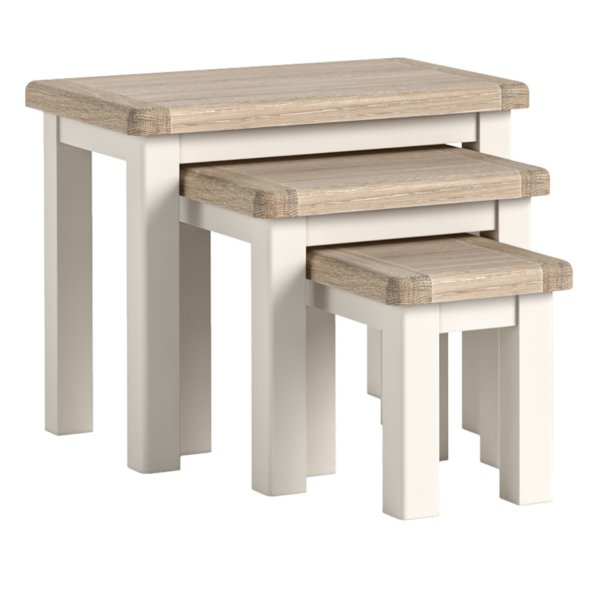 Set of the Wilson three wooden nesting tables with a cream base on a white background.