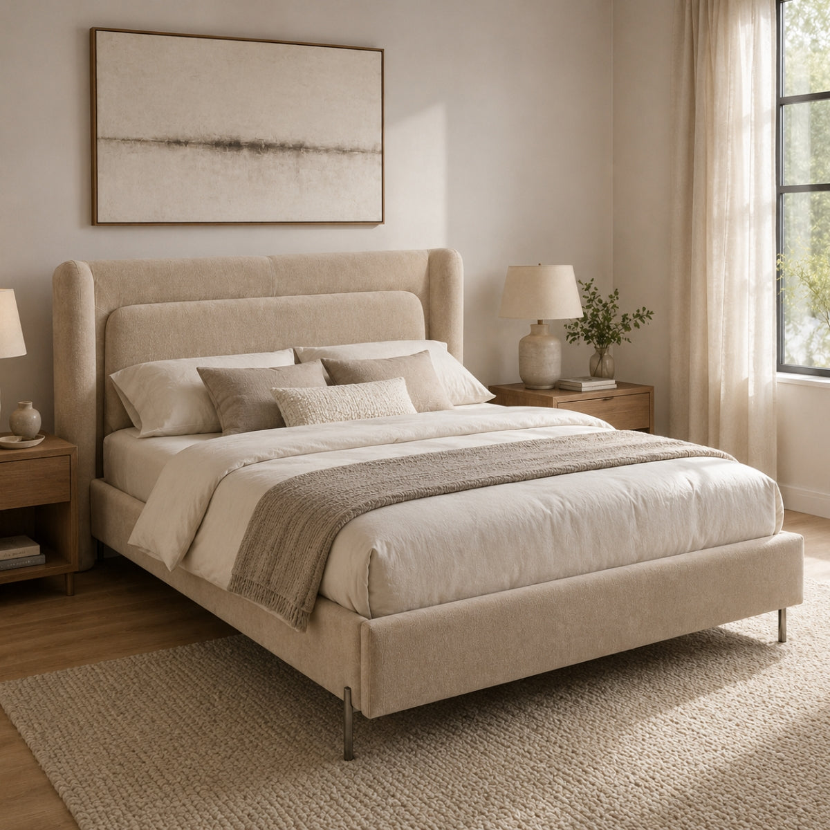 Winslet Beige Upholstered Bed Frame Lifestyle Image