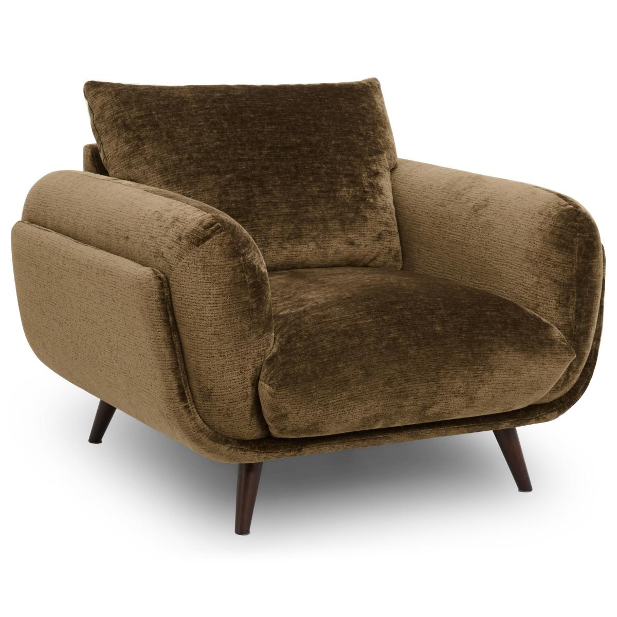 Zora mid-century modern armchair upholstered in textured brown velvet, featuring dark wooden legs, shown against a plain white background.