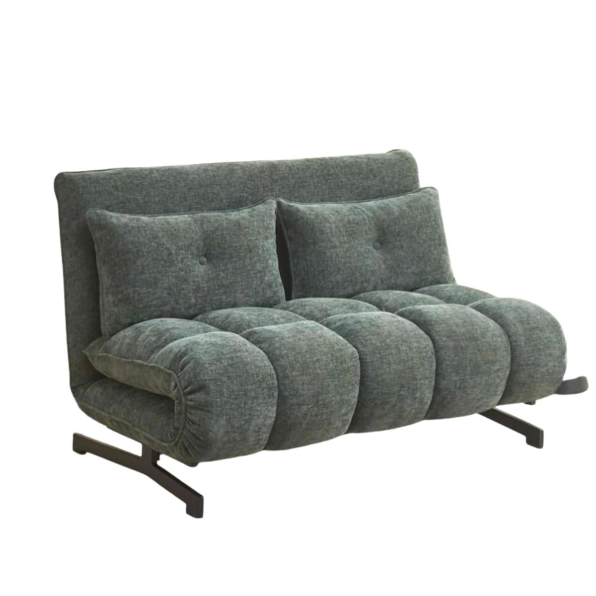 A modern gray fabric futon sofa with segmented tufted cushions and a low black metal frame, shown against a plain white background.