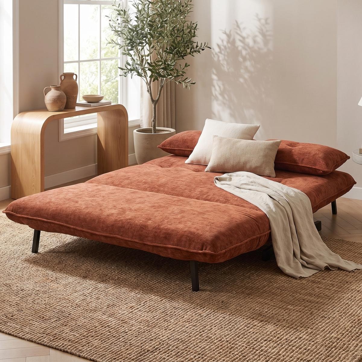 An orange-brown velvet futon daybed styled in a bright, modern room with a beige woven rug, wooden side table, potted plant, and neutral-toned pillows and throw blanket.