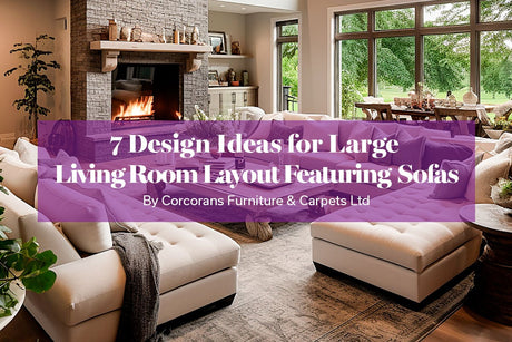 Cream tufted fabric sofa in a large living room.