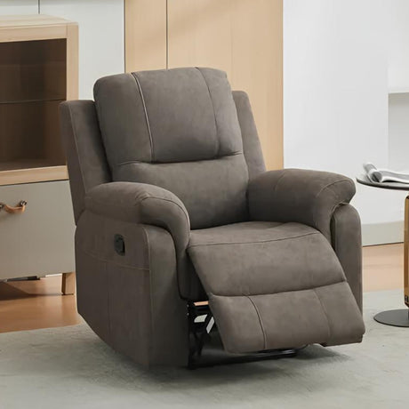 The Rafferty manual recliner armchair in a soft brown fabric, featuring a high backrest, plush cushioning on the seat and arms, and visible stitching details.