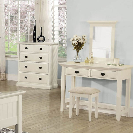 The Kerry bedroom chest in a cream-painted finish, featuring five drawers with round silver handles and a natural light oak wooden top.