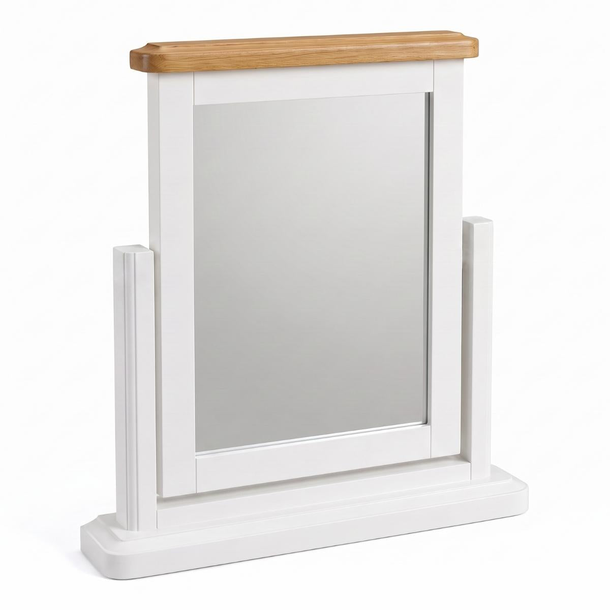 Mimosa dressing table mirror with a natural oak wood top rail, shown on a clean white background.