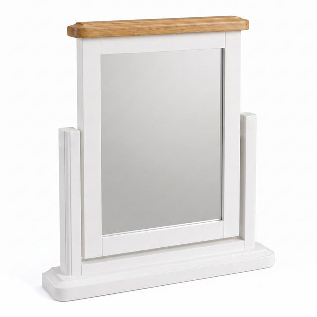Mimosa dressing table mirror with a natural oak wood top rail, shown on a clean white background.