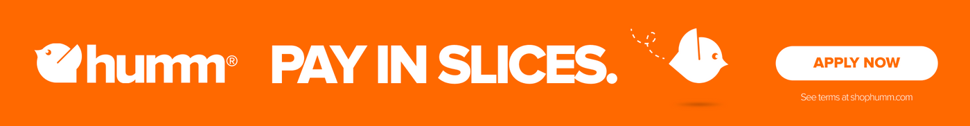 Humm banner with 'Pay in Slices' and 'Apply Now' button on an orange background