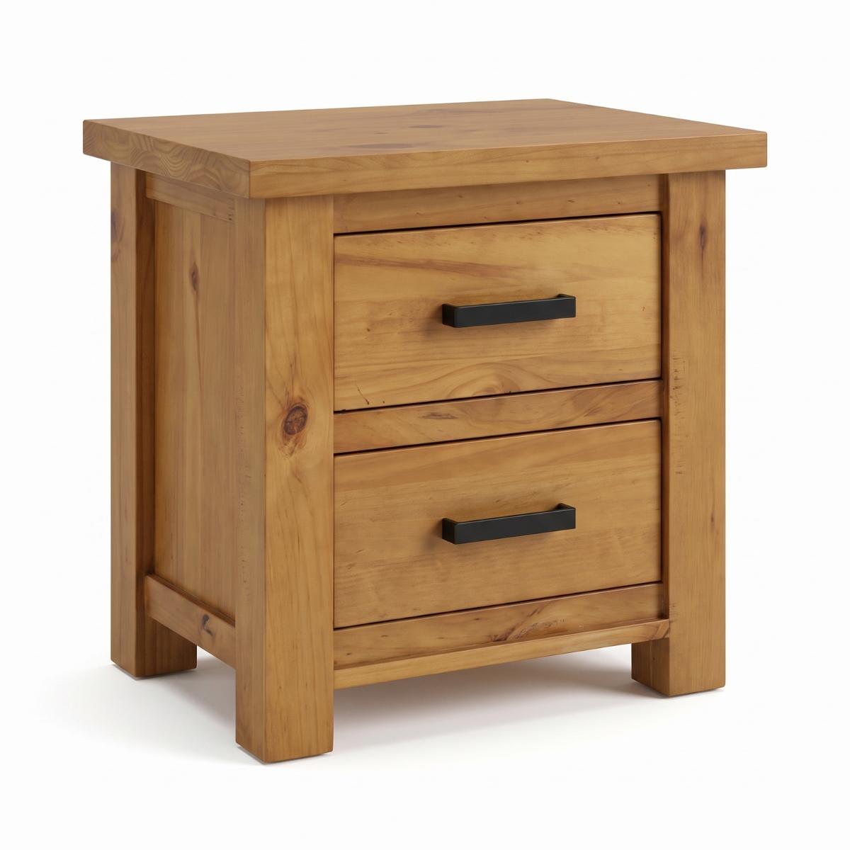 Ailbhe rustic oak two-drawer wooden nightstand with a warm honey finish and black metal handles, shown on a clean white background.