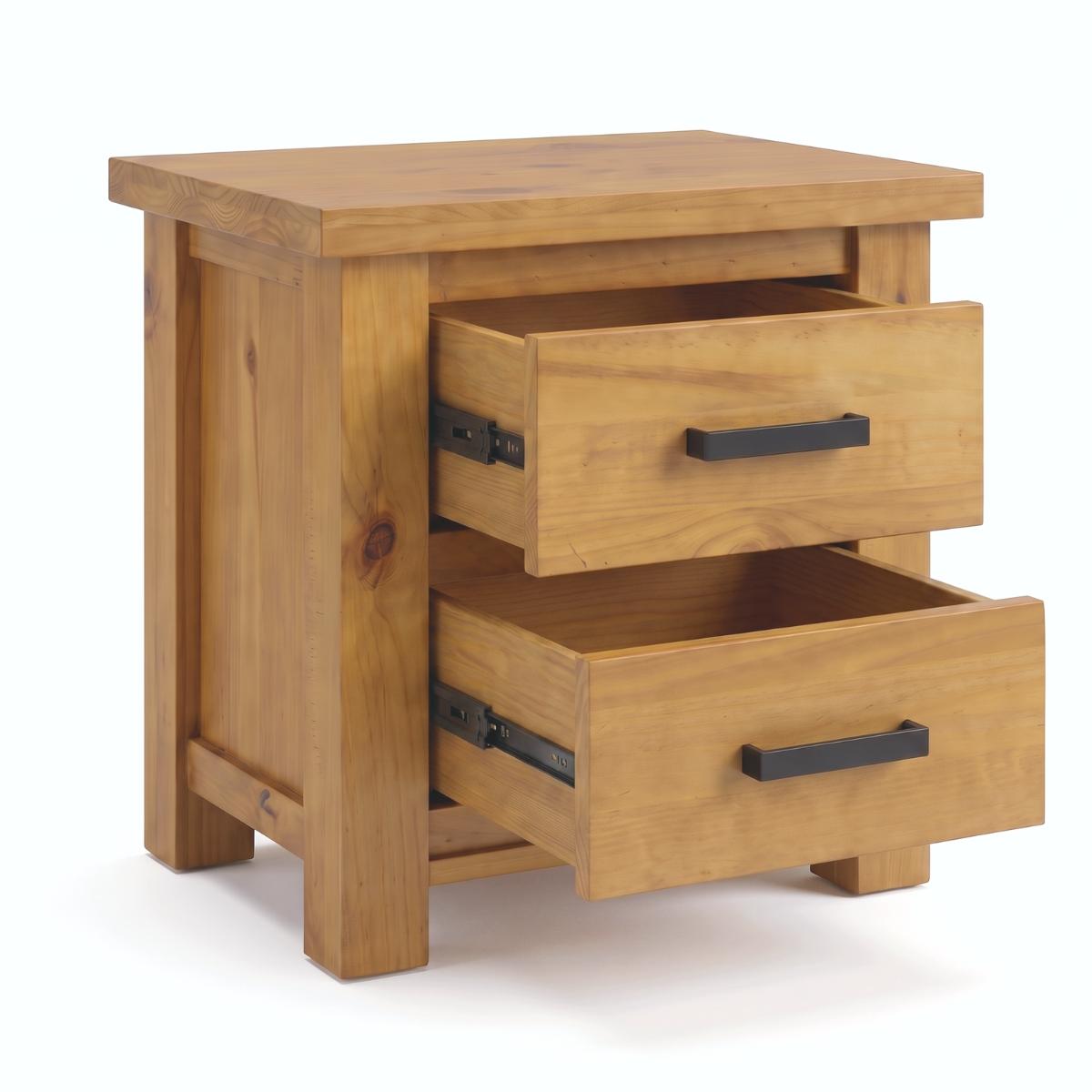 Ailbhe rustic oak two-drawer nightstand in a warm natural wood finish with black metal drawer pulls, shown with both drawers pulled out on a white background.