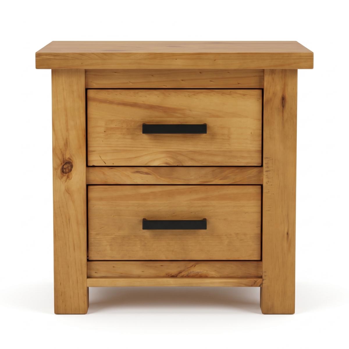 Ailbhe two-drawer wooden nightstand with a rustic oak finish and black metal drawer pulls, shown against a plain white background.