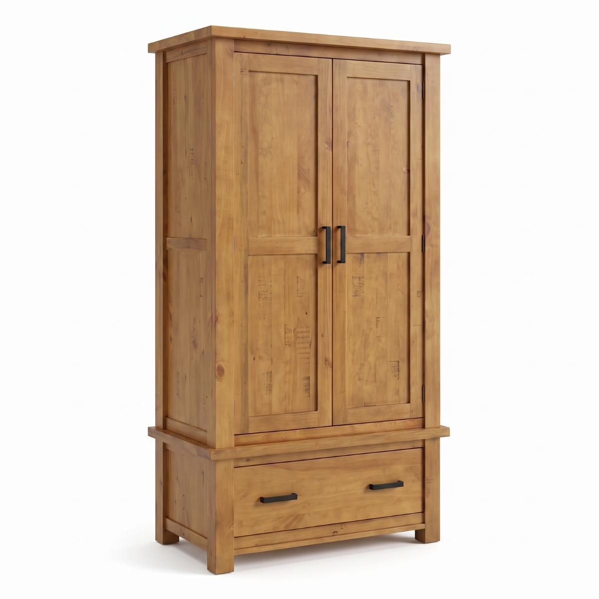 Ailbhe rustic oak two-door wooden armoire cabinet with a single drawer base, featuring a warm honey oak finish and black metal handles, shown on a plain white background.