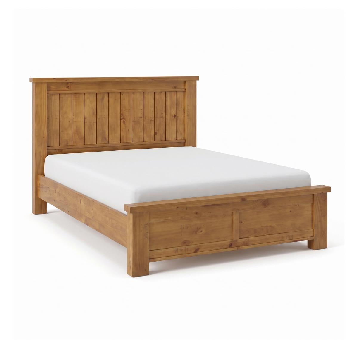 Ailbhe rustic oak bed frame with a slatted headboard and footboard, shown with a white mattress on a clean white background.