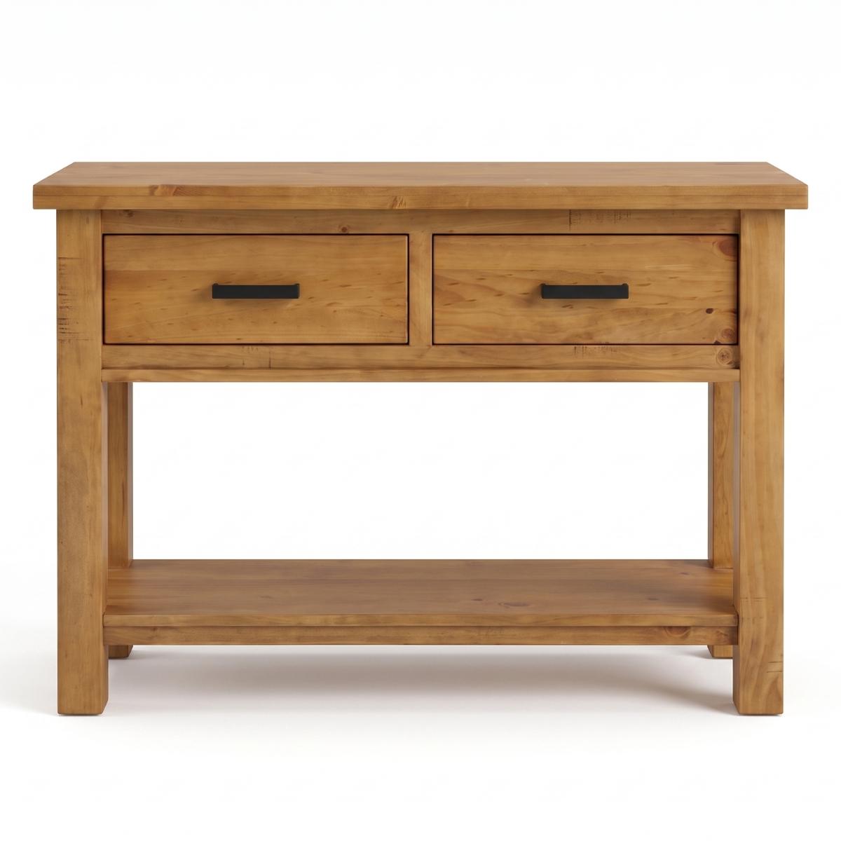 Ailbhe rustic oak console table with two drawers featuring black metal handles and an open lower shelf, shown against a plain white background.