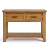 Ailbhe rustic oak console table with two drawers featuring black metal handles and an open lower shelf, shown against a plain white background.