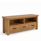 Ailbhe rustic oak TV stand or media console with three drawers and open shelving, shown on a clean white background.