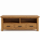 Ailbhe rustic oak TV stand or console table with three drawers and open shelving, shown against a plain white background.