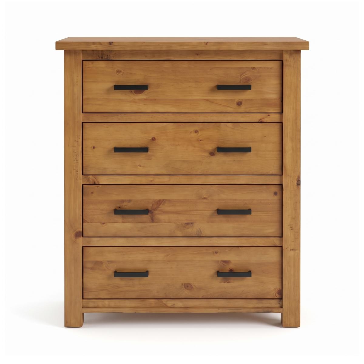 Ailbhe four-drawer rustic oak chest of drawers with a warm honey-toned finish and black metal drawer pulls, shown against a plain white background.