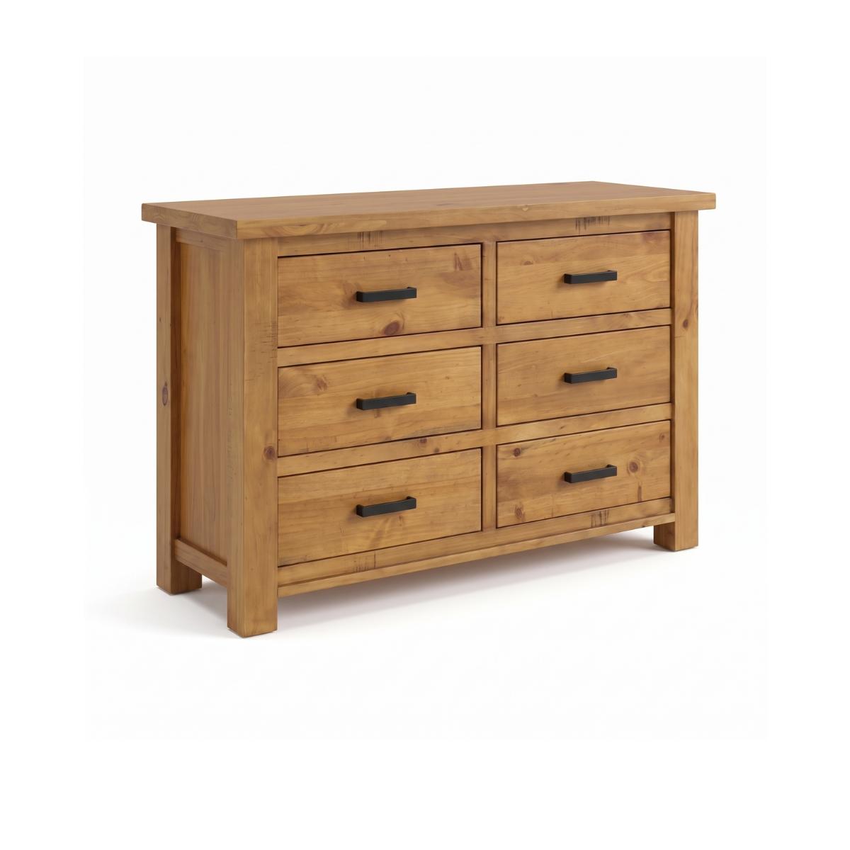 Ailbhe six-drawer wooden dresser with a rustic oak finish and black metal handles, shown from a three-quarter angle on a white background.