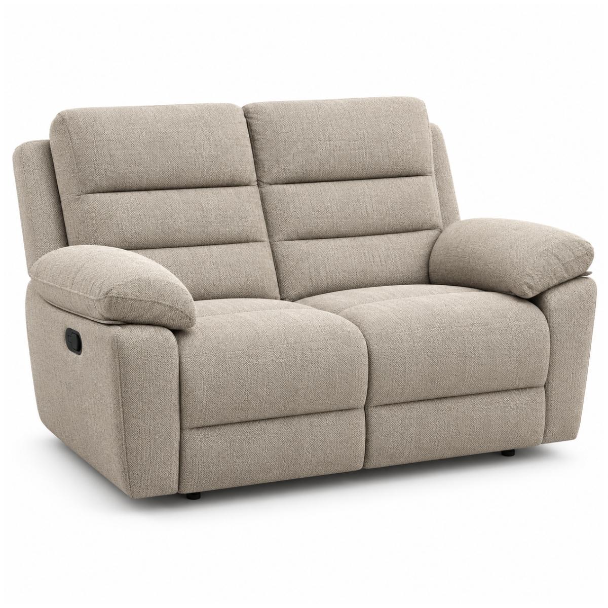 Aldora two-seater reclining loveseat sofa upholstered in a textured light brown fabric, shown from a three-quarter angle on a white background.